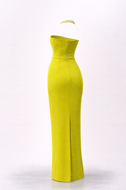 Fıstık Yeşili Halter Yaka İnci Detay Abiye Elbise